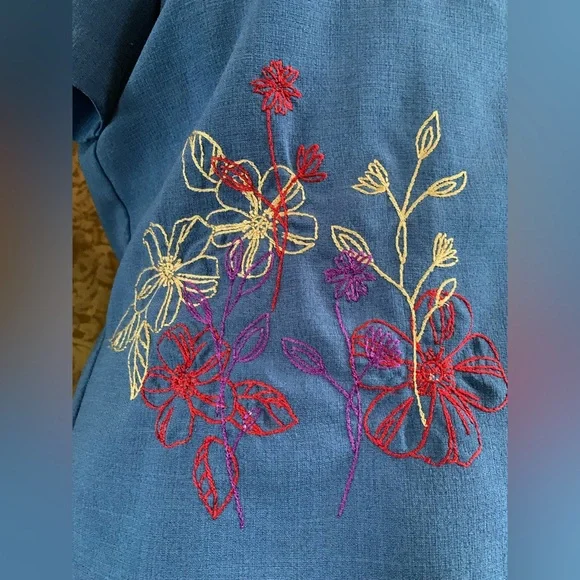 Vintage Blue Floral Embroidered Short Sleeve Button Up Shirt Size 10 43123450 - Picture 3 of 12